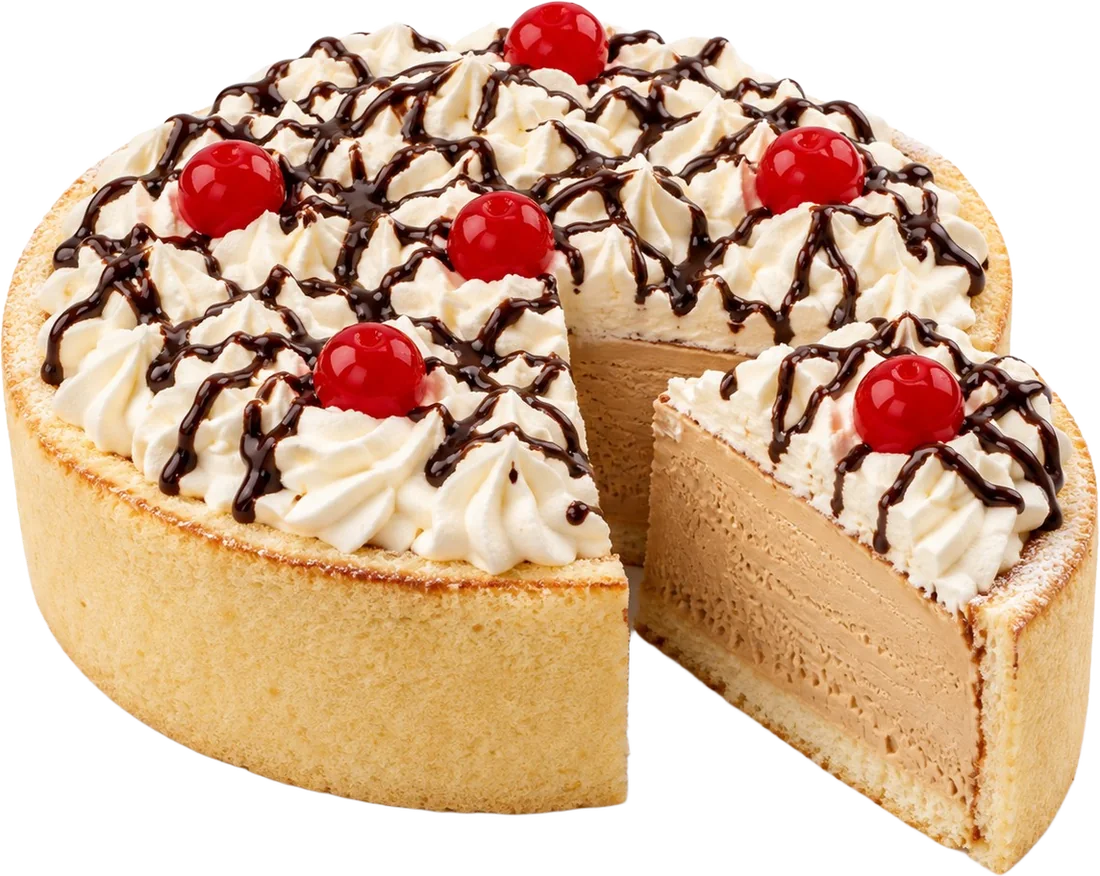 Torta helada de dulce de leche FISÚ: base de pionono, helado de dulce de leche, decoración de americana, cerezas y salsa de chocolate